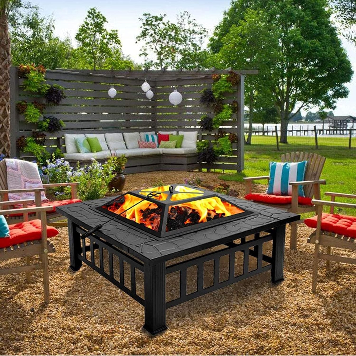 Fire Pit Outdoor Wood Burning fire Pit, fire Pit with Dome Screen and Poker, Terrace Barbecue Cooking fire Pit