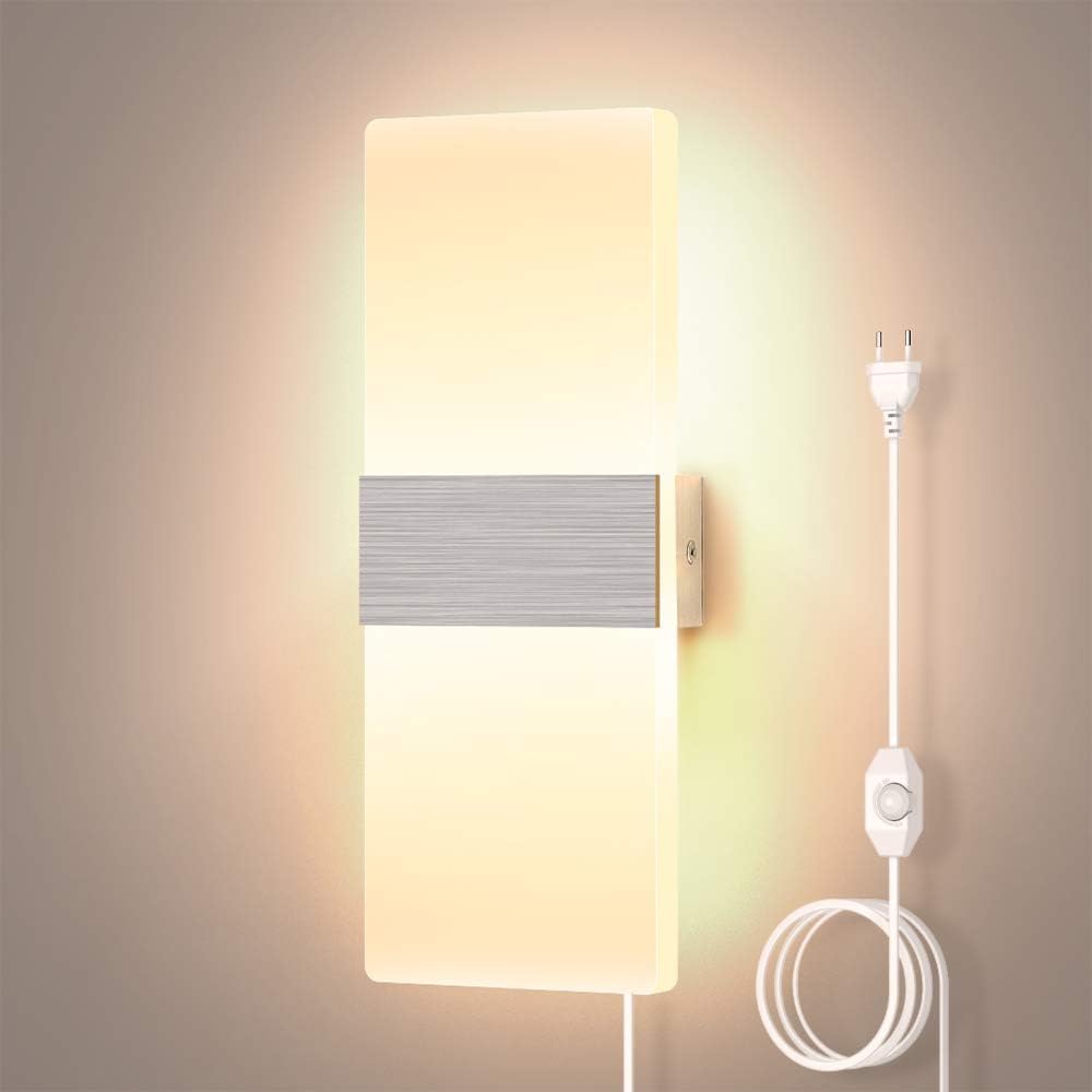 Wall Sconces, Plug in Wall Light Warm White 3000K with Dimmer Switch, Led Dimmable Wall Lighting Fixture Acrylic Modern Wall Lamp for Living Room Bedroom, Bedside Reading Lamp
