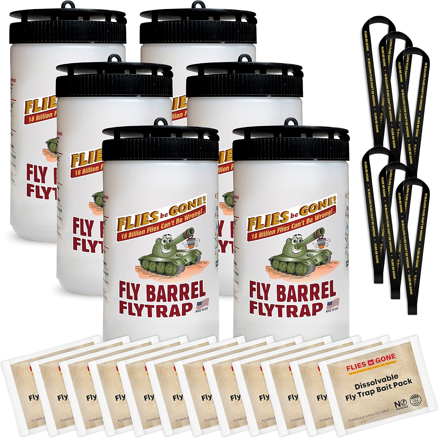 Flies Be Gone Outdoor Fly Trap 6-Pack - Reusable Container, Patent Pending Screw Lid, Suspension Strap & 12 Non-Toxic Poison Fly Container Packs - Best Fly Catcher for Outdoor Home and Commercial Use