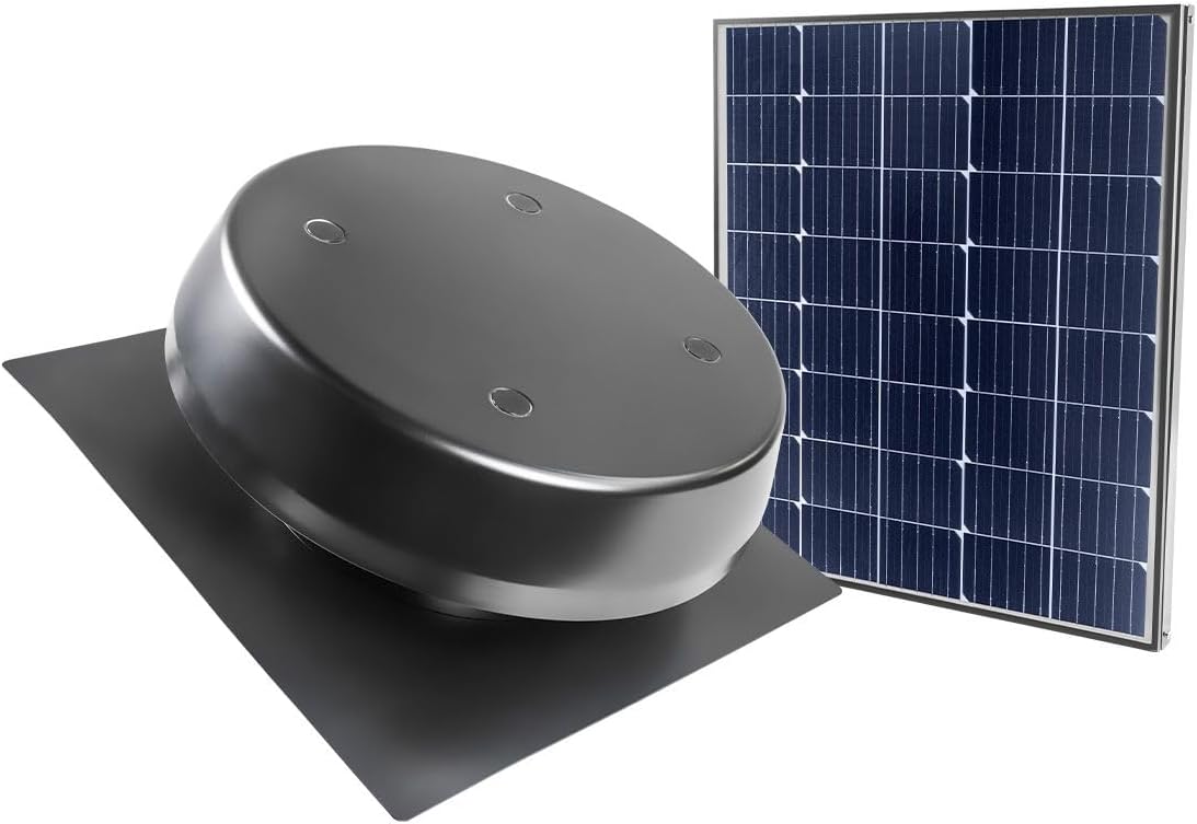 Maxx Air Solar Attic Fan with 12'' Nylon-Fiber-Aluminum Blades, Solar Powered Attic Exhaust Fan, Adjustable 50W/24V Solar Panel, IP68 DC Motor, Built-in Thermostat, Aluminum Mesh Guard