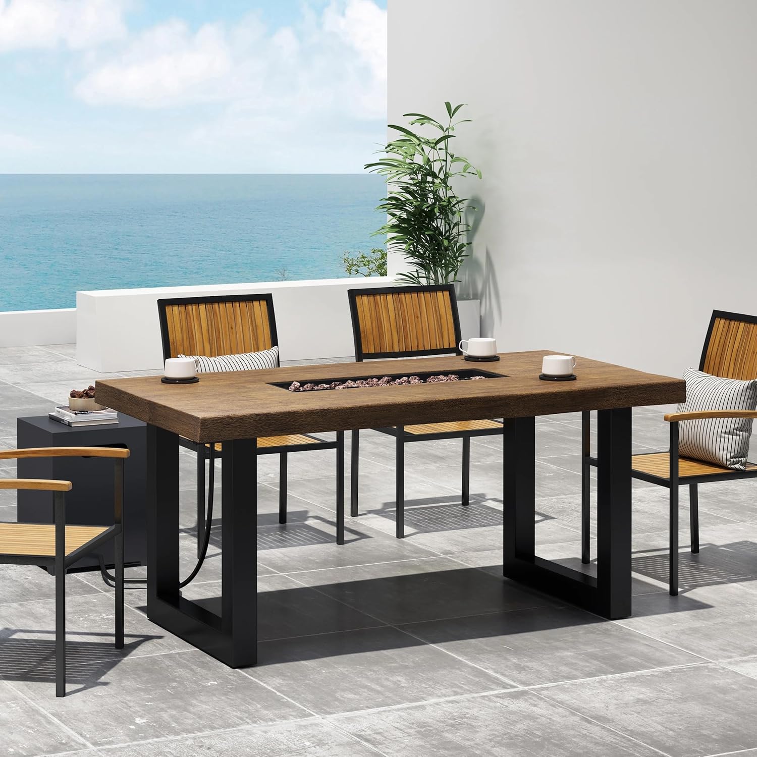 Outdoor 40,000 BTU Fire Pit Dining Table (Tank Cover not Included), Antique Teak