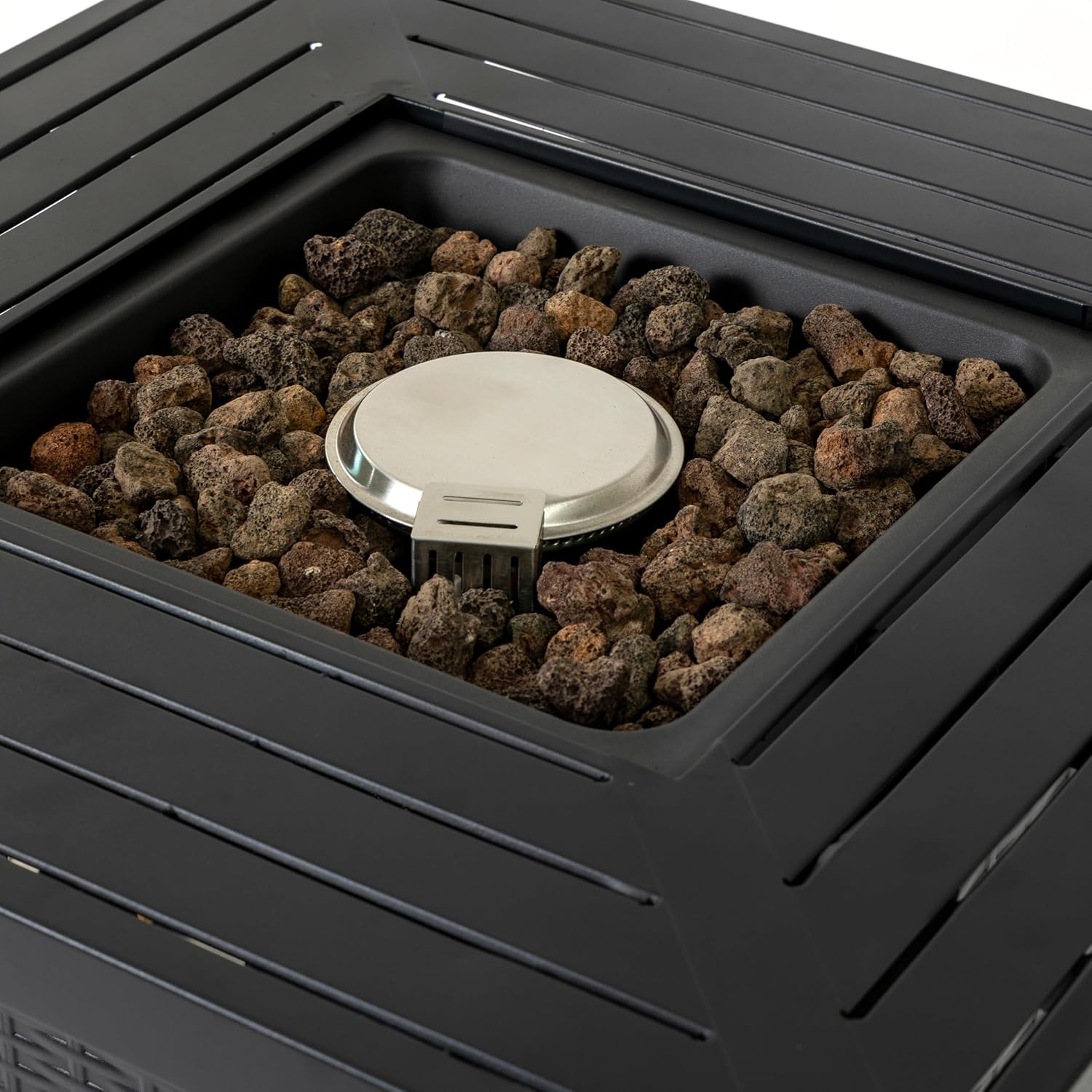 28-inch Iron Square Propane Fire Pit Table, Outdoor Gas Fire Pit Table, Wicker Design, Propane Powered with Decorative Rocks