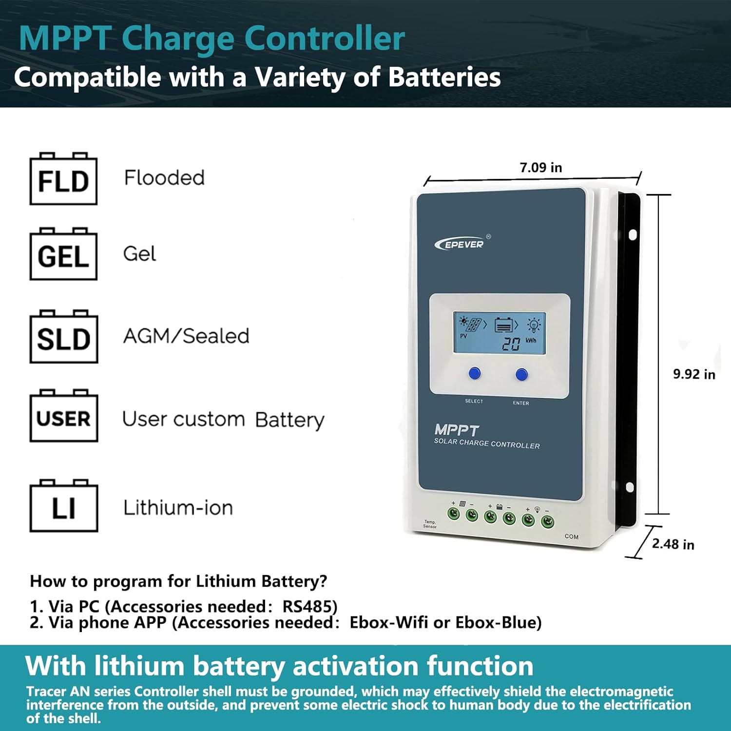 EPEVER MPPT Solar Charge Controller 40A 100V MaxInput Voltage Negative Grounded Tracer 4210AN + Remote Meter MT50+ RTS with Backlight LCD Display for Gel Sealed Flooded Lithium Solar Battery Charger