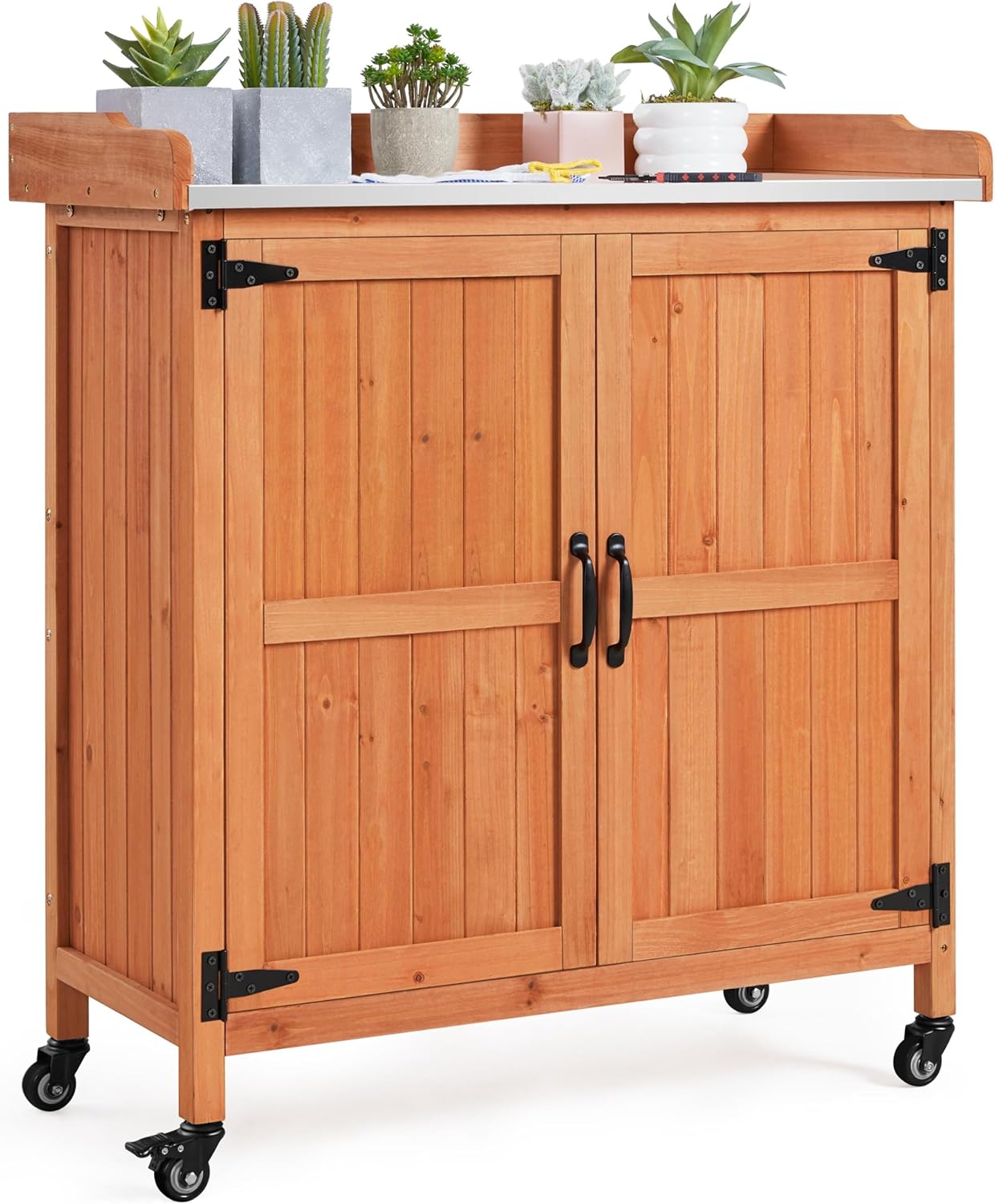 Topeakmart Potting Bench Table - Wooden Storage Cabinet with Removable Shelf & Flexible Space & Metal-Plated Tabletop for Outdoor Garden Patio,Brown