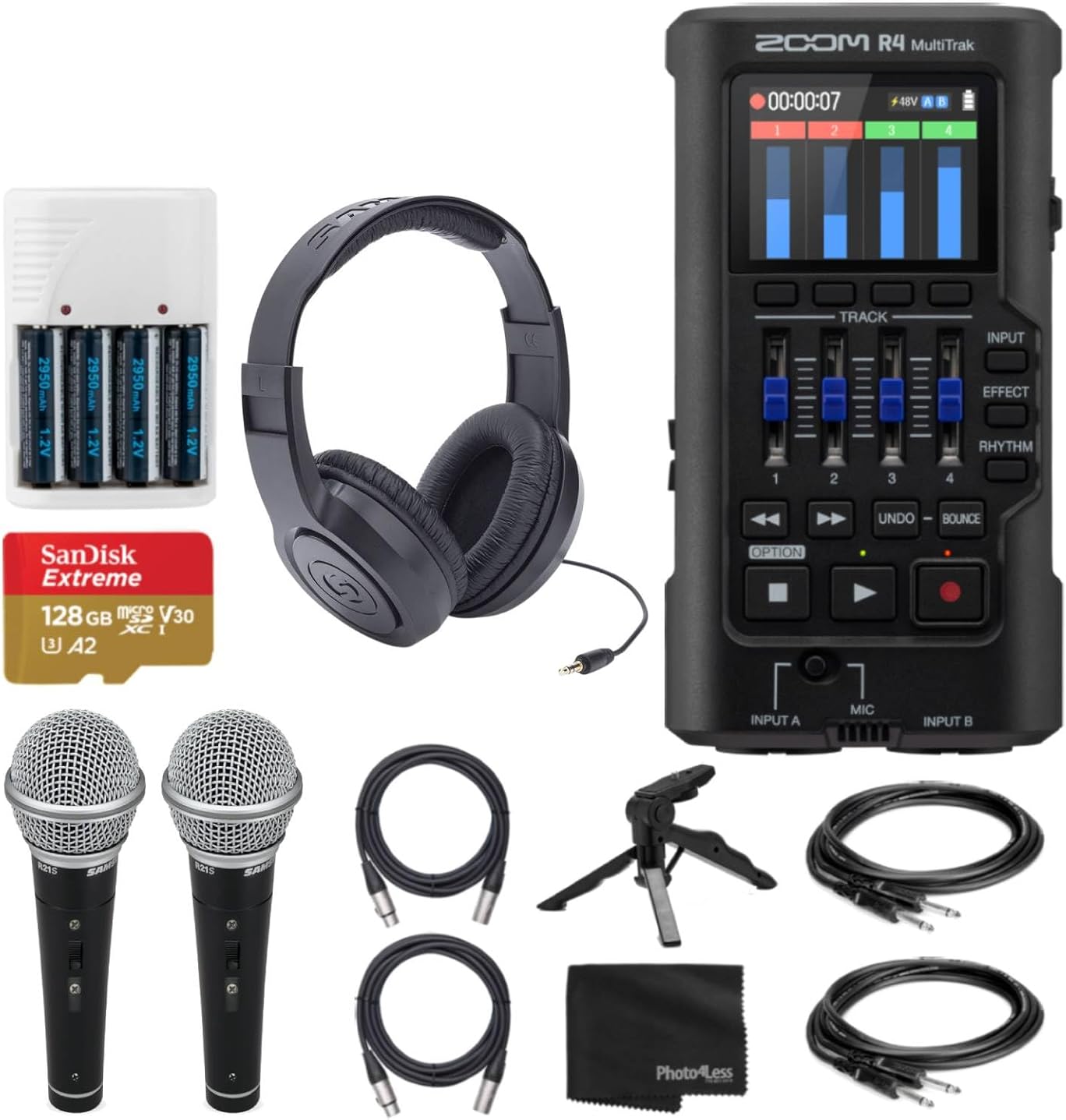 Zoom R4 MultiTrak 32-Bit Float Recorder with Stereo Bouncing Bundle with Over-Ear Stereo Headphones, Handheld Mics (2), 128GB microSDXC Memory Card, and Accessories