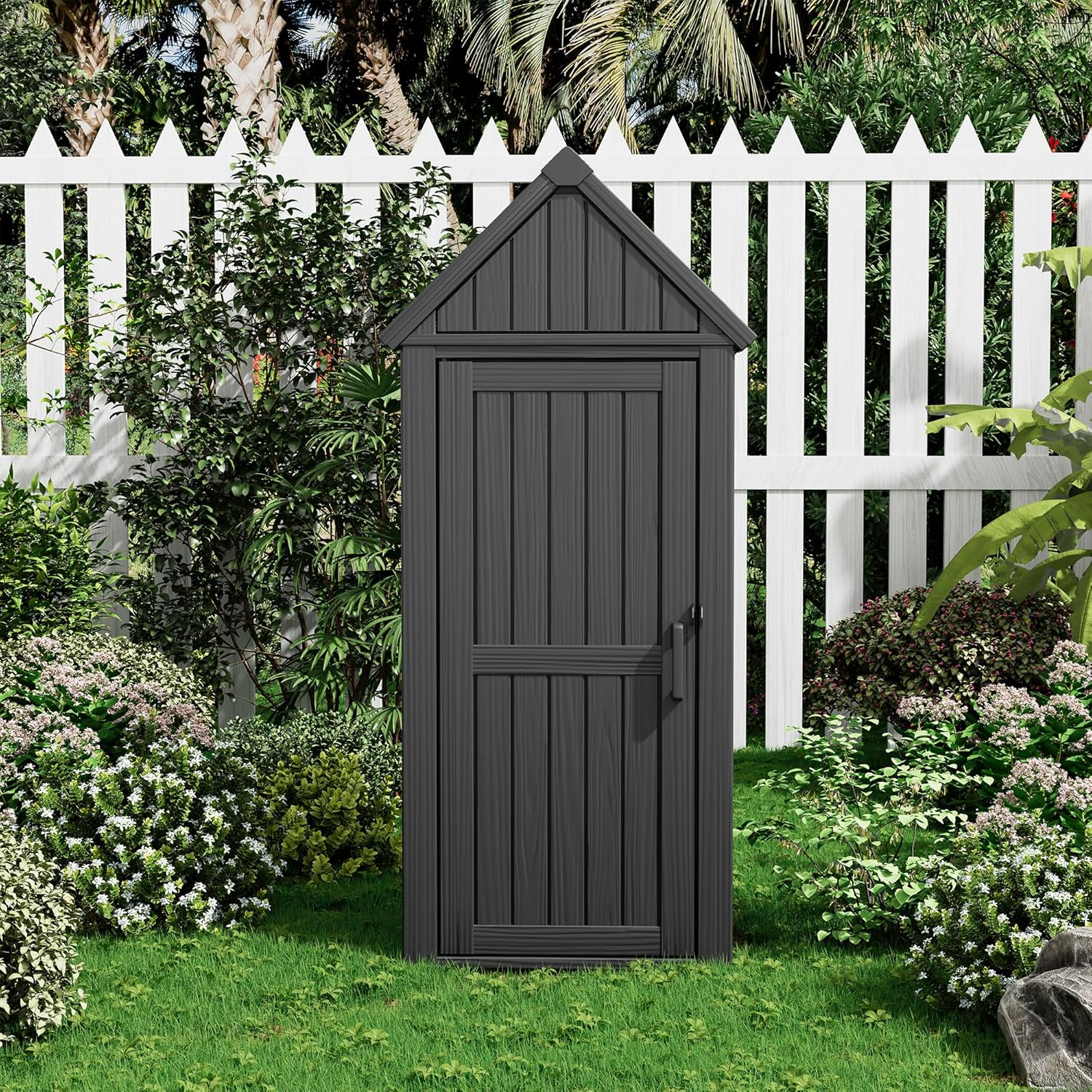 Fancyango Outdoor Resin Storage Shed, Upgrade Sturdy Storage Cabinet with Removable Shelves and Lock Ring, Reinforced Floor, All-Weather Construction for Garden Patio Lawn (Black) (Black)