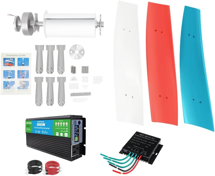Wind Turbine Three Colored Blades 3000W 12V 24V 48V 220V with Controller and Power Inverter Converter Low Starting Wind Speed 3 Blades Generator Suitable for Outdoor