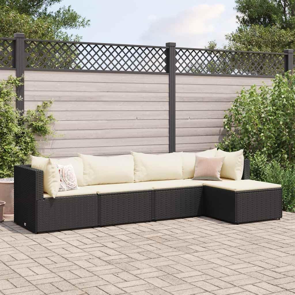 5 Piece Patio Lounge Set with Cushions Black Poly Rattan, Patio Furniture Sets, Outdoor Furniture