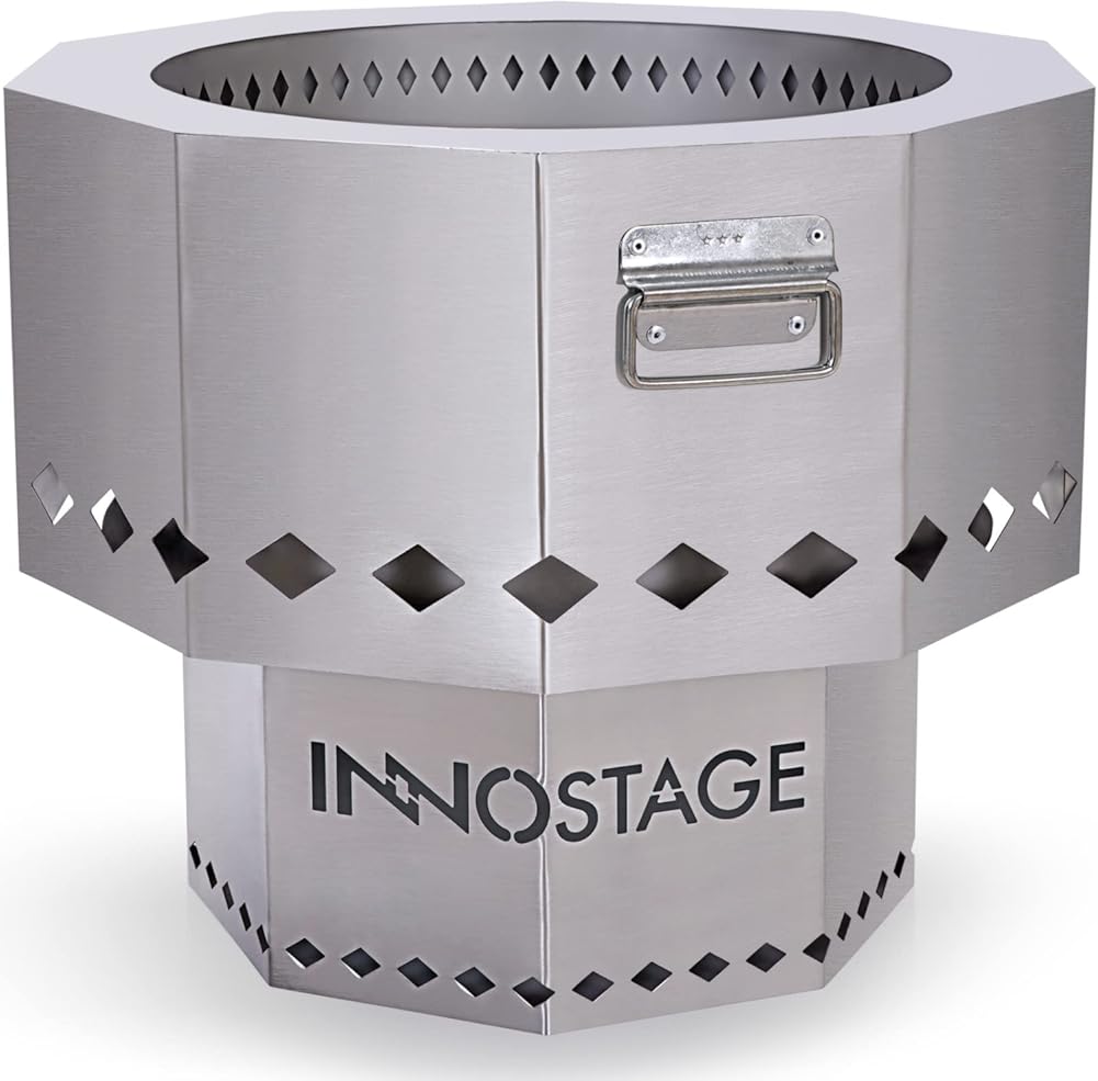 INNO STAGE Stainless Fire Pit with Portable Carrying Storage Bag, Patented Smoke- Firepit Bowl for Wood Pellet with Stand for Outdoor Campfire Flame or Bonfire BBQ on Patio Garden Backyard - M
