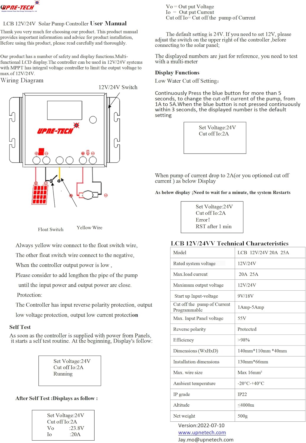 Solar Pump Controller,LCB 20A with LCD Display,DC Pump Controller,Linear Current Boosters Used in Solar Direct Pumping Applications;Compatible Models: 12V or 24 VDC Pumps; Input Voltage: 16 - 55 VDC