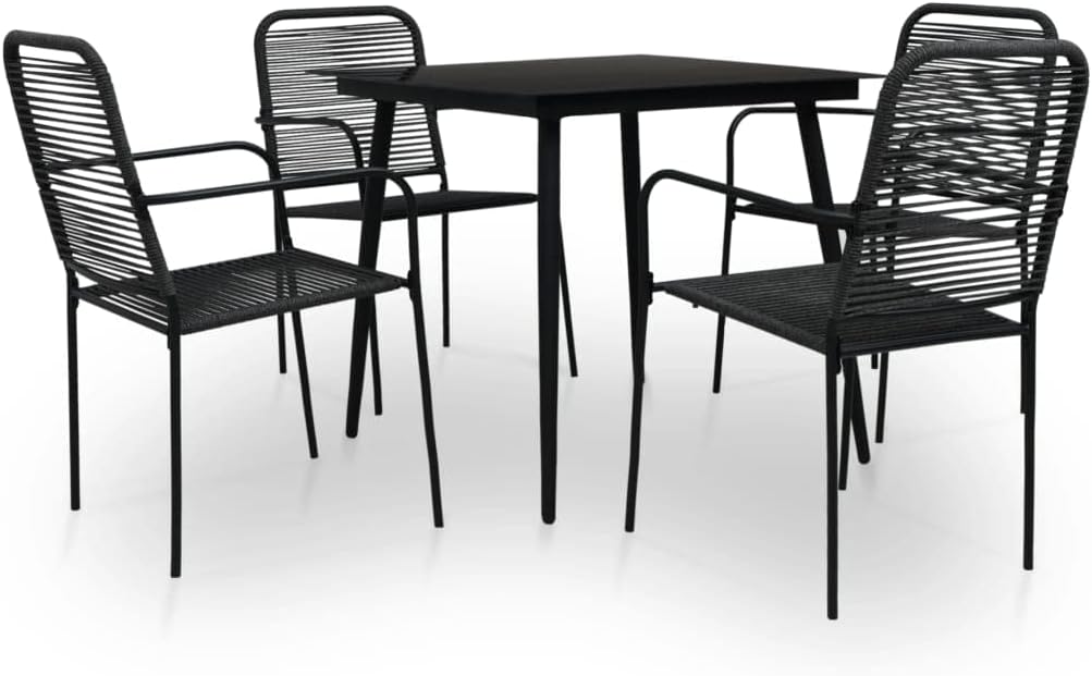 5-Piece Outdoor Dining Set, Black Cotton Rope, Powder-Coated Steel Frame, Tempered Glass Top, 31.5x31.5x29.1 Inch, Square Patio Furniture Set for Balcony, Garden