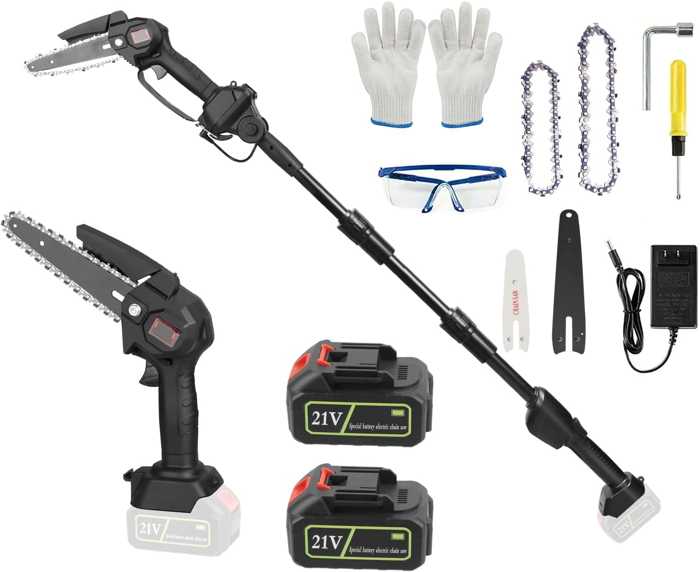 Cordless Pole Saw & Mini Chainsaw 2-IN-1 Cordless Electric Chain Saw Length Adjustable Chainsaw with Cutting Chains Lightweight Multi-Angle Power Pole Saw for Wood Branch Cutting Tree Trimming