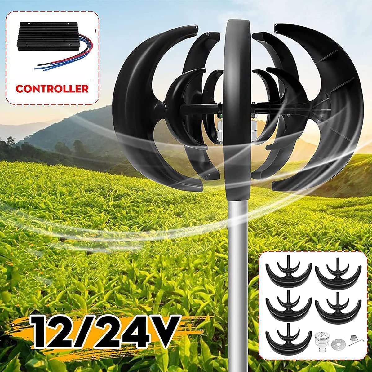 Wind Turbine 8000W Wind Turbine Black Lantern Vertical Wind Turbine 5 Blades Wind Turbine Kit with Controller Black