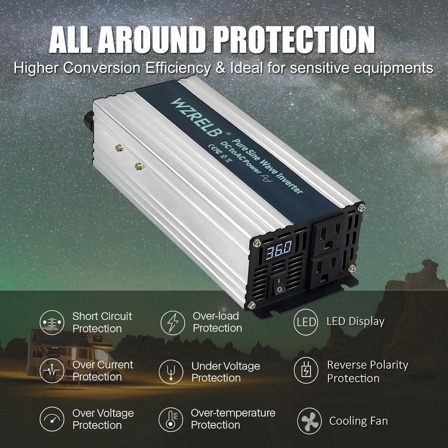 WZRELB 500W Pure Sine Wave Inverter 36V DC to 110V 120V AC Power Converter with LED Display, Off-Grid Portable Power Inverter with 2 AC Outlets for Home, RV, Truck, Camping