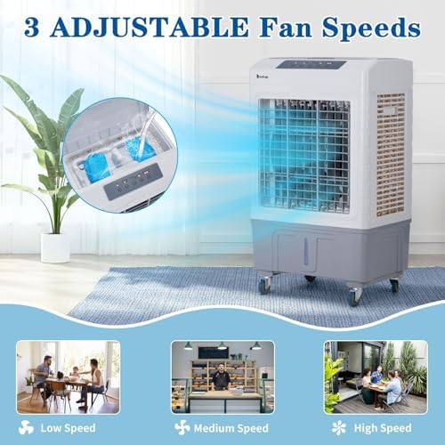 3 in 1 Portable Air Conditioners with Remote Control, Evaporative Air Cooler with 10.57 Gal Large Water Tank, 4 Ice Box & Scroll Casters, 3 Speeds & 7.5H Timer Cooling Fan for Home & Office