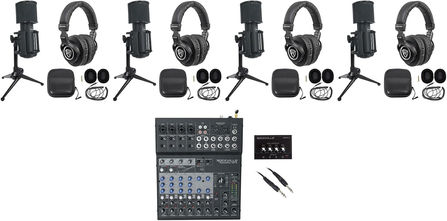 (1) Rockville Rockmix Interface Bundle with (4) 512 Audio Warm Audio Skylight Microphones + (1) RHPA4 Headphone Amp + (4) RDTS Microphone Stand + (1) RCTR106B Cable + (4) PRO-M50 Headphones (15 Items)