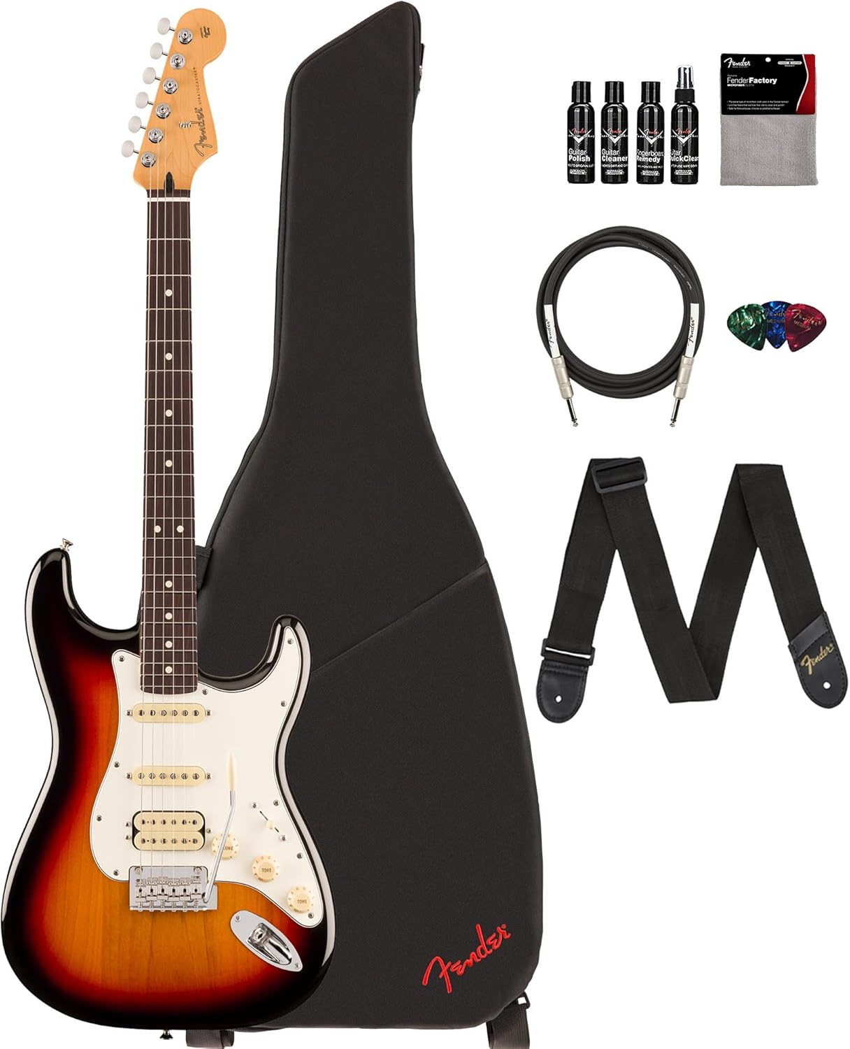 Fender Player II Stratocaster HSS - 3-Color Sunburst Bundle with Gig Bag, Strap, Cable, 3-Pack Picks and Guitar Cleaning Kit