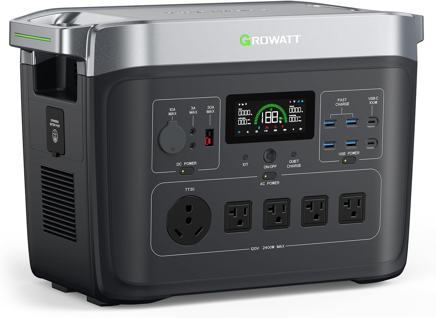 GROWATT Portable Power Station ，INFINITY 2000 Black Electric Solar Generator，2048Wh LifePO4 Battery,2400W AC Output for Home Use, Outdoor Camping, RVs and Emergency Backup(Solar Panel Optional)