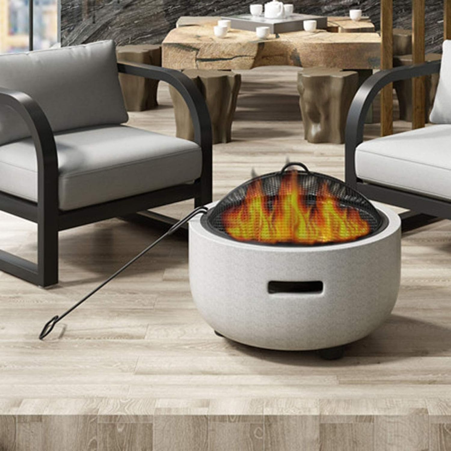 Small Fire Pit, Fire Pit with BBQ Grill Shelf, Garden Patio Heater Charcoal Log Wood Burner Fire Bowl with an Edging of Artificial Stone Outdoor Fire Pit Bowl