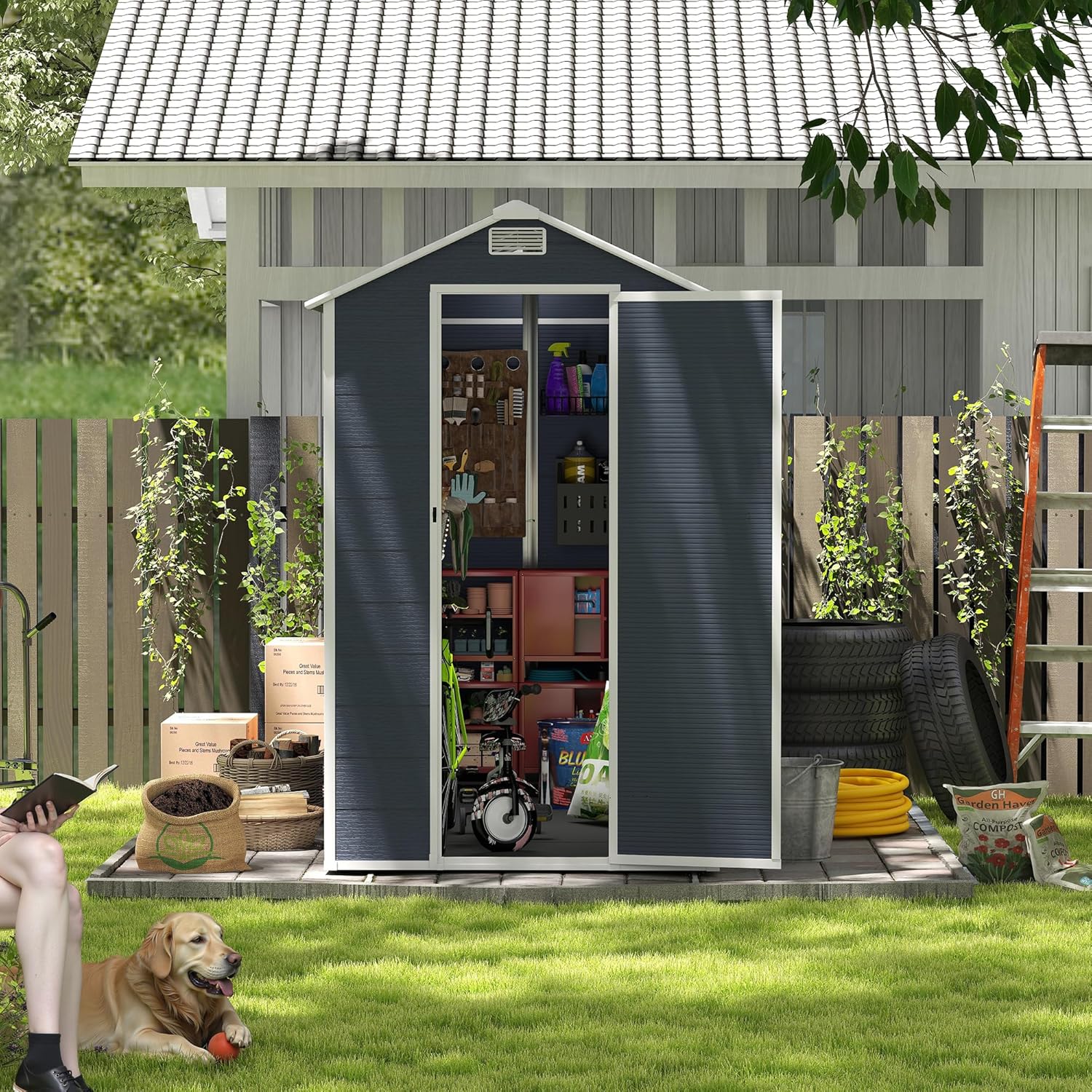 KEIKI 4x8 FT Outdoor Garden Resin Storage Shed w/Floor,Lockable Doors,Vents & Window,All Weather Waterproof Utility Tool Sheds House,Sloped Roof Polypropylene Frame for Patio, Backyard, Lawn,Dark Grey