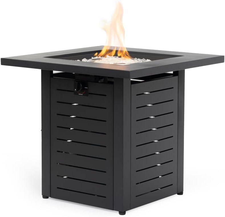 28 Inch Square Propane Fire Pit Table with Glass Beads, 50000 BTU Outdoor Steel Fire Pit for Patio Deck Garden Backyard
