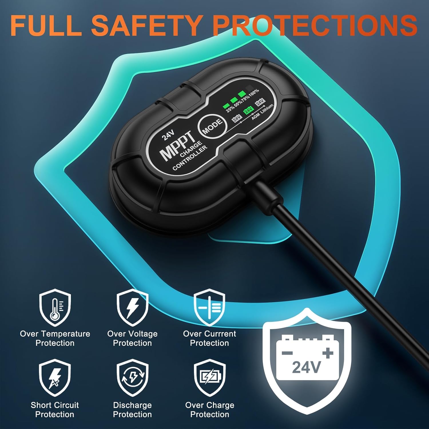 SUNER POWER 24V 20W Solar Battery Trickle Charger Maintainer, Built-in Ultra Smart MPPT Controller, Adjustable Mount Bracket, Waterproof 20 Watt Solar Panel for 24Volt AGM, Lead-Acid, Lifepo4 Battery