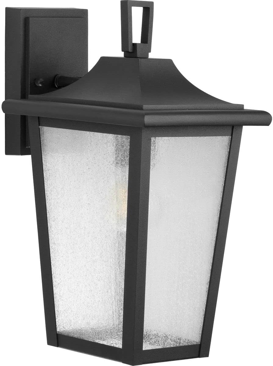 Padgett Collection 15 in. 1-Light Textured Black Transitional Outdoor Wall Lantern Clear Seeded Glass