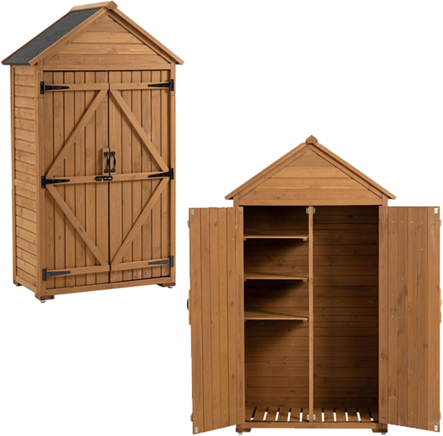 Garden Storage Shed Outdoor Storage Cabinet with 3 Shelves, 2-Door and Latch, Wooden Outside Tool Cabinet Shed with Sloping Waterproof Sheet Roof for Yard Patio Lawn Deck