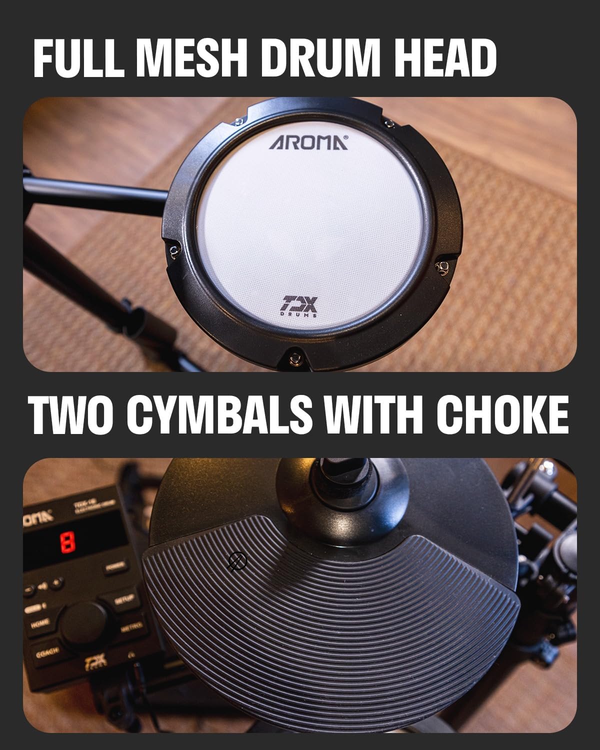 AROMA TDX-18 Electronic Drum Set with 4 Quiet Mesh Drum Pads, 2 Switch Pedal, Portable and Solid Drum Set with, Bluetooth, Drum Throne, Headphones and Sticks