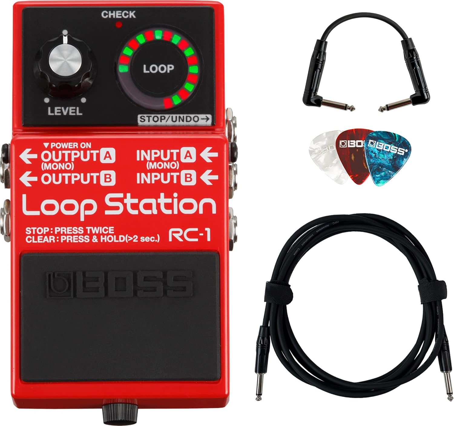 Boss RC-1 Loop Station Bundle with Gearlux Instrument Cable, Patch Cable, and Picks