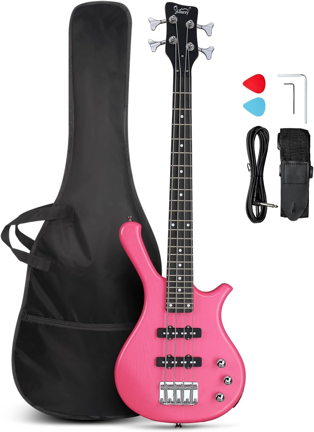 GLARRY 4 String Electric Bass Guitar, 36-inch Bass Guitar Beginner Kit with Cable, Strap and Bag for All Skill Level, Adults,Travel (Pink)