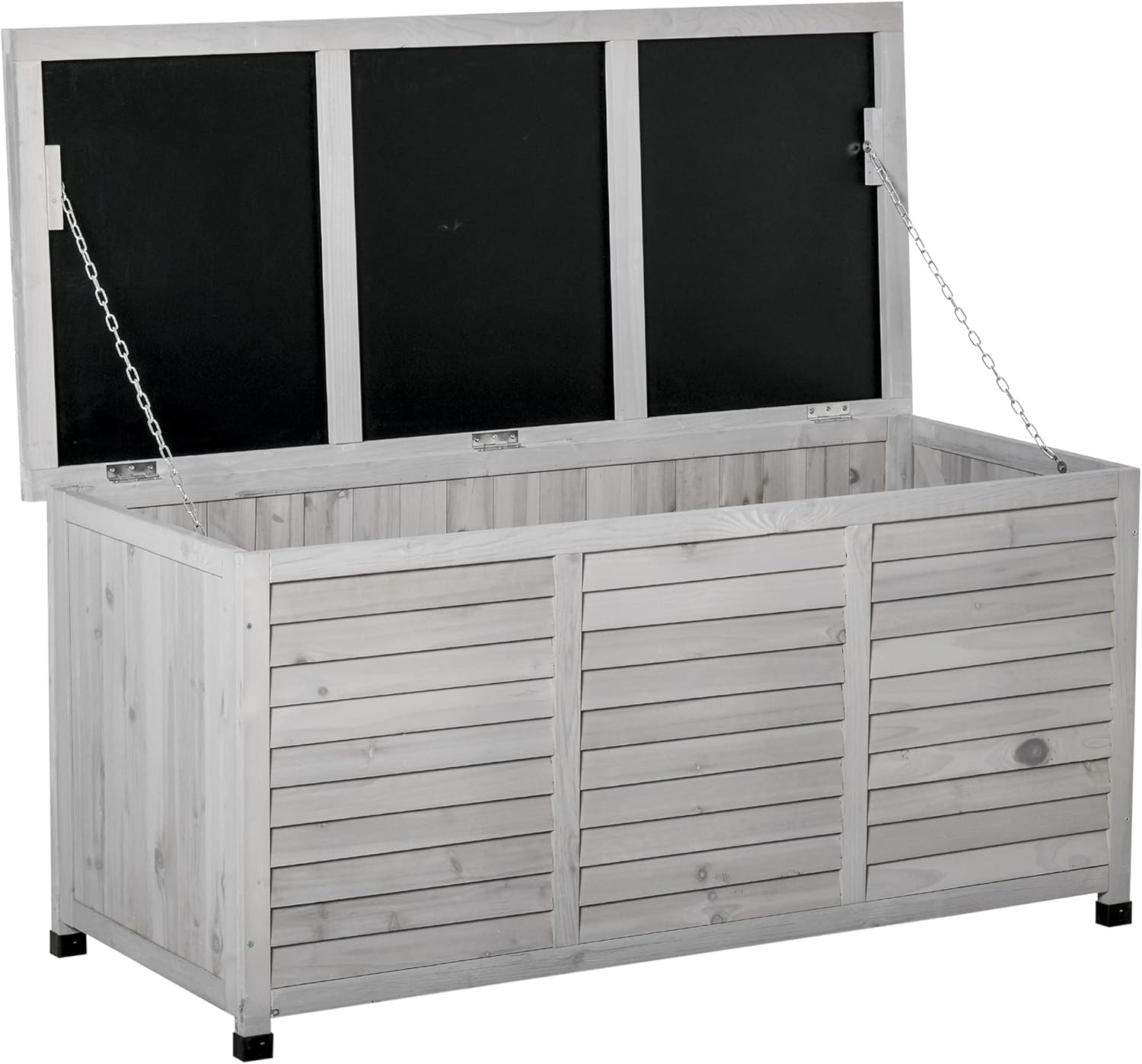 75 Gallon Wooden Deck Box Outdoor Storage Chest, Solid Fir Wood Patio Storage Container with Ventilated Design, Weather-Resistant Garden Tool Cushion Box with Bench Top (Grey)