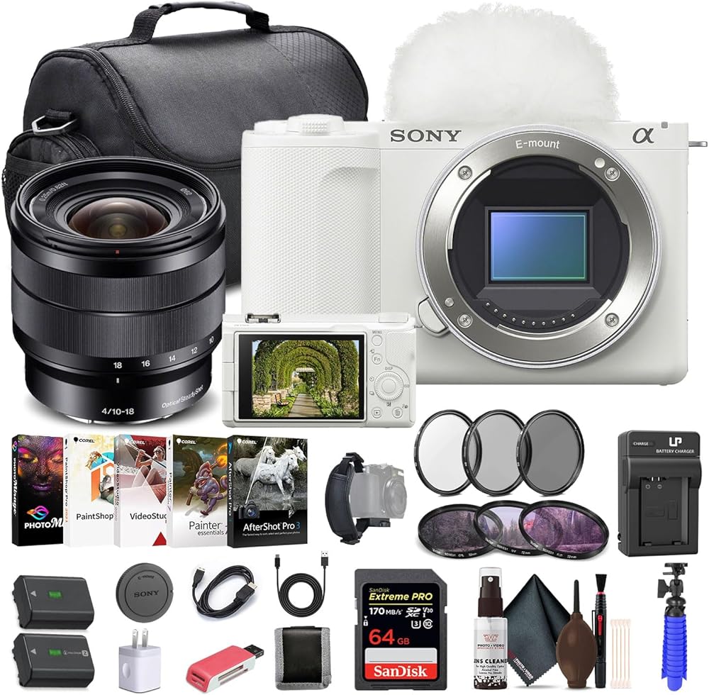 Sony Alpha ZV-E10 II Mirrorless Camera (Body Only, White) (ZVE10M2KW), Sony E 10-18mm Lens, 64GB Memory Card, Filter Kit, Photo Software, Bag, NP-FZ100 Battery, External Charger, More