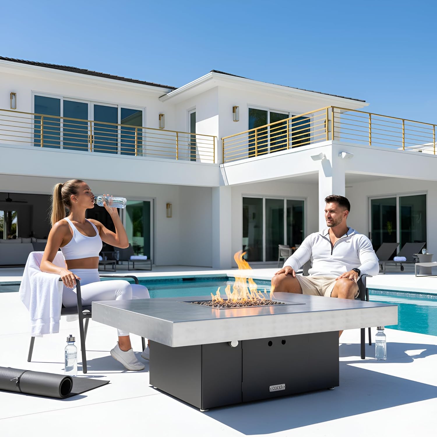 COOKE Santa Barbara Rectangular Fire Pit Table - 48 x 36 - Natural Gas - Brushed Aluminum Top - Grey Texture Powdercoat Base