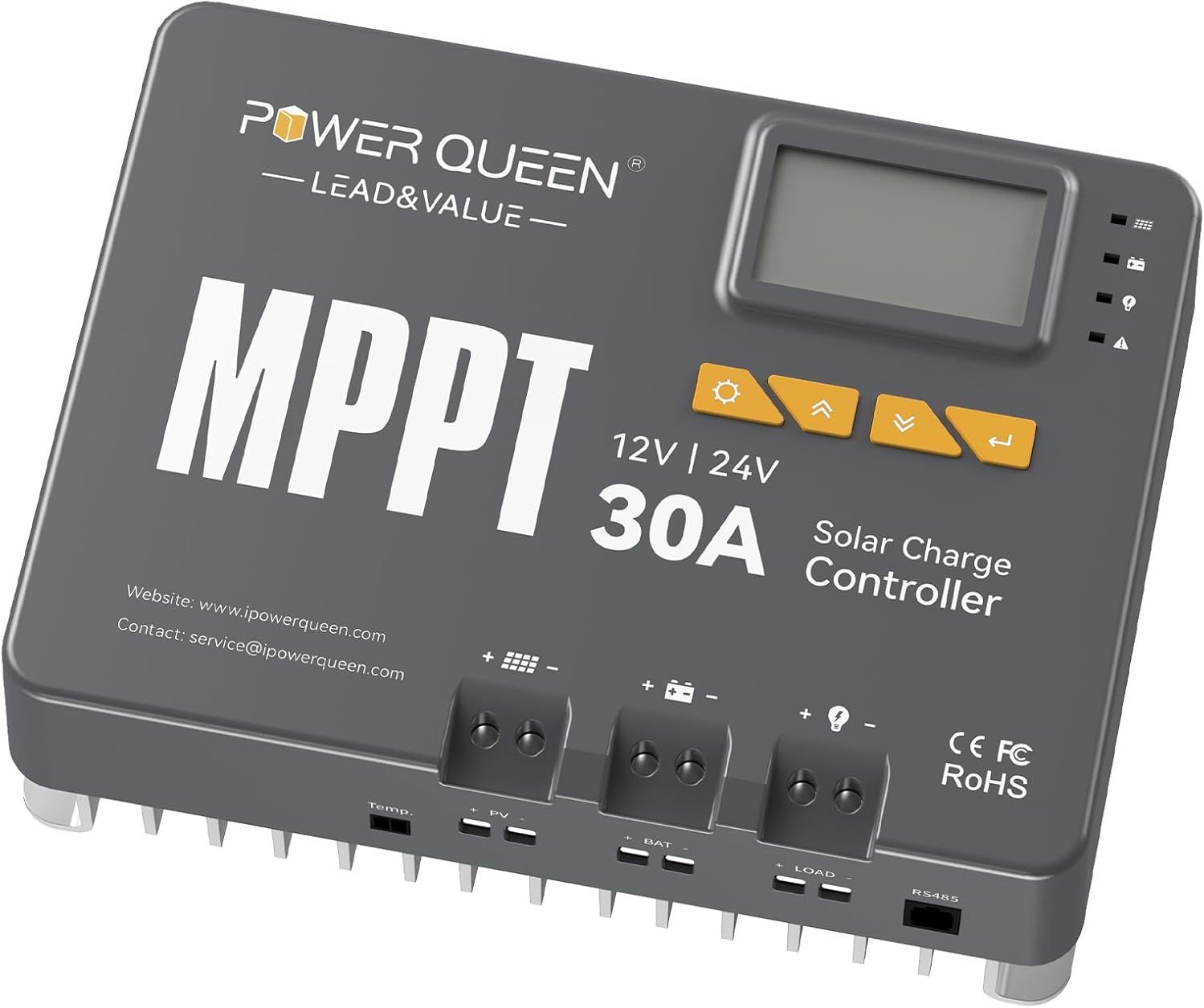 Power Queen 12/24V 30 Amp MPPT Solar Charge Controller with Built-in Bluetooth, Support Remote Monitoring, Default for LiFePO4 Batteries and Compatible with Sealed, Flooded, Gel and Lead-Acid Battery