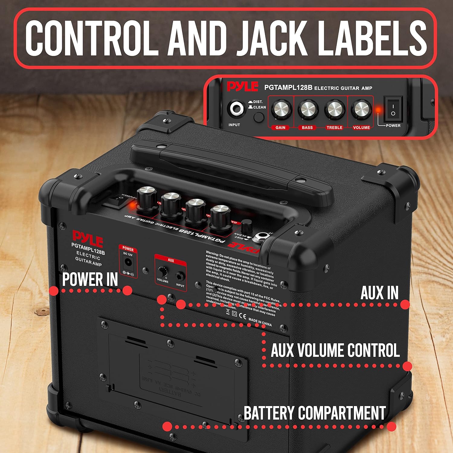 Pyle Portable Electric Guitar Amplifier - Battery or Wall Power 10 Watts Mini Instrument Amp with 5-Inch High Definition Speaker, Volume, Bass, Treble, Distortion, Gain Controls, AUX Input