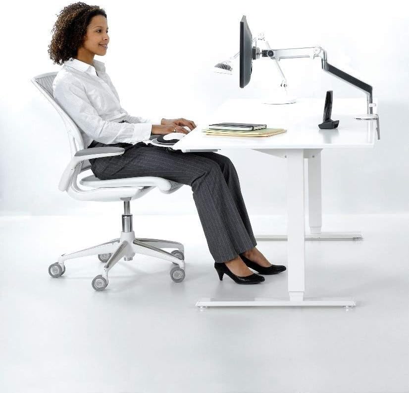 Humanscale M2 M2CW1S Adjustable Articulating Computer Monitor Arm - Two Piece Clamp On Mount with Base - Polished Aluminum with White Trim