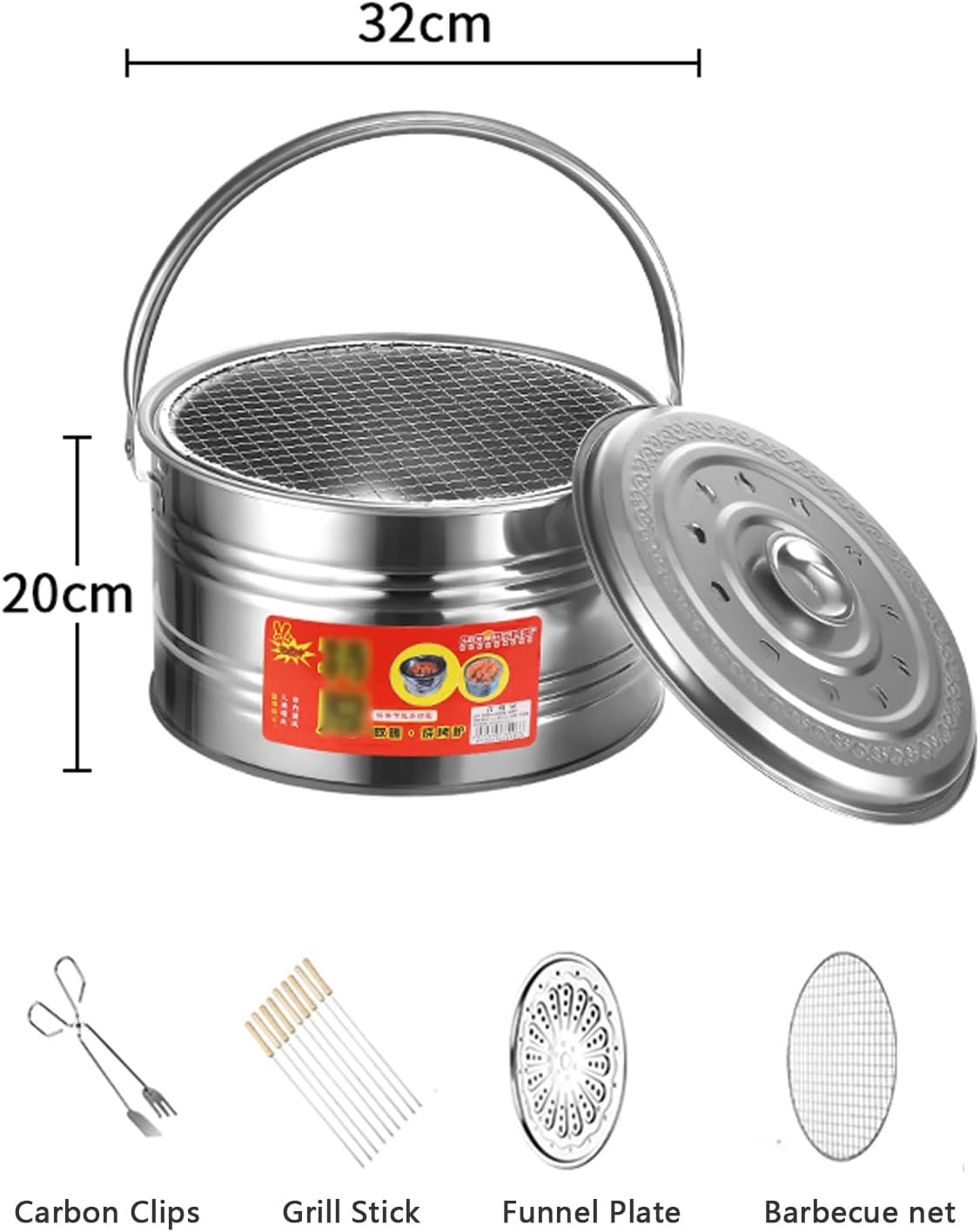 Portable Fire Pit,Multi-Functional Stainless Steel Barbecue,Radiator,Wood/Charcoal Compatible,with Charcoal Clips,Ash Pan,Grill Grid and Lid,for Garden,Patio,Bonfires,32×20cm