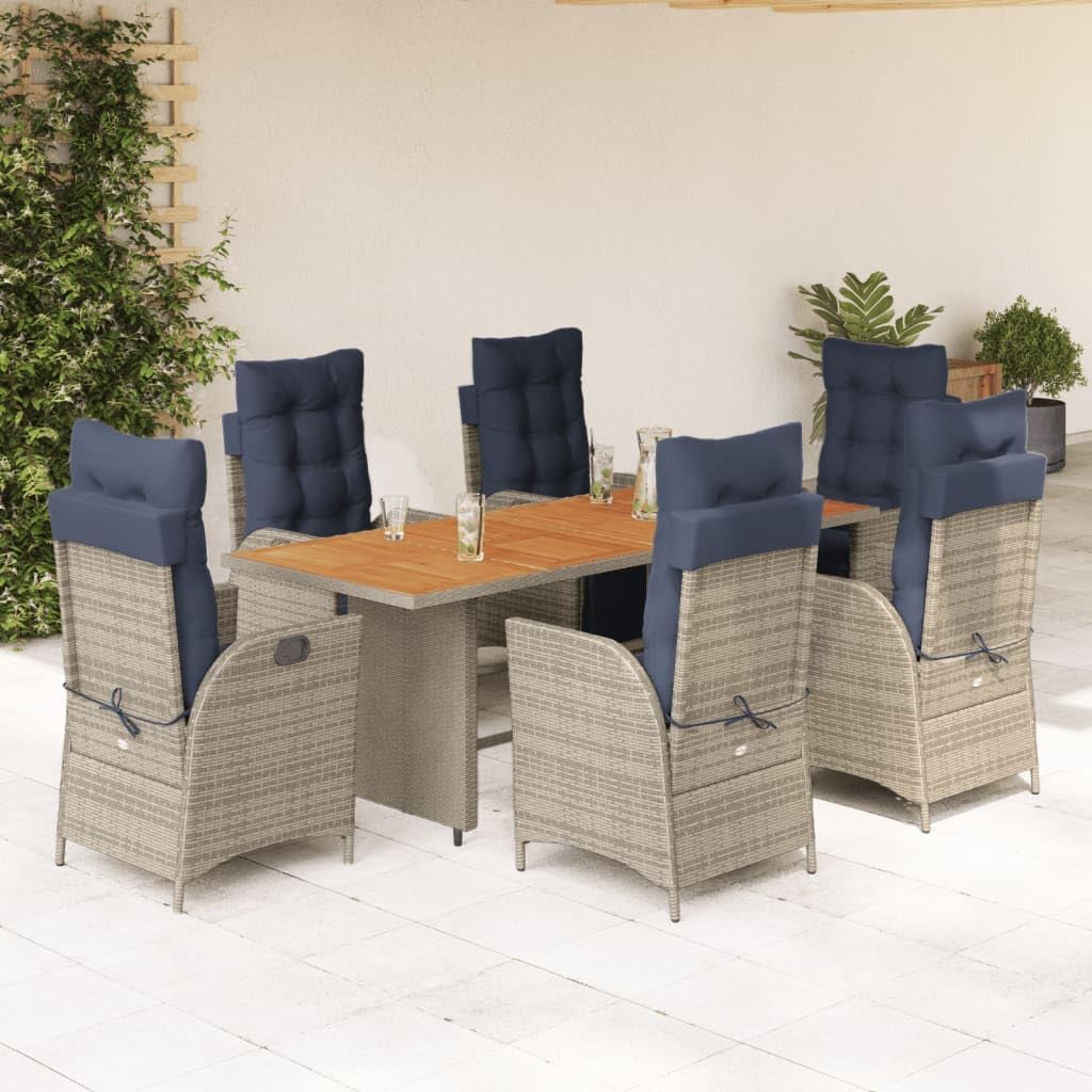 7 Piece Patio Dining Set with Cushions Gray Poly Rattan,Outdoor Rattan Furniture Set with Adjustable Backrest and Cushions for Patio Backyard Patio Furniture Sets, Outdoor Furniture Sets