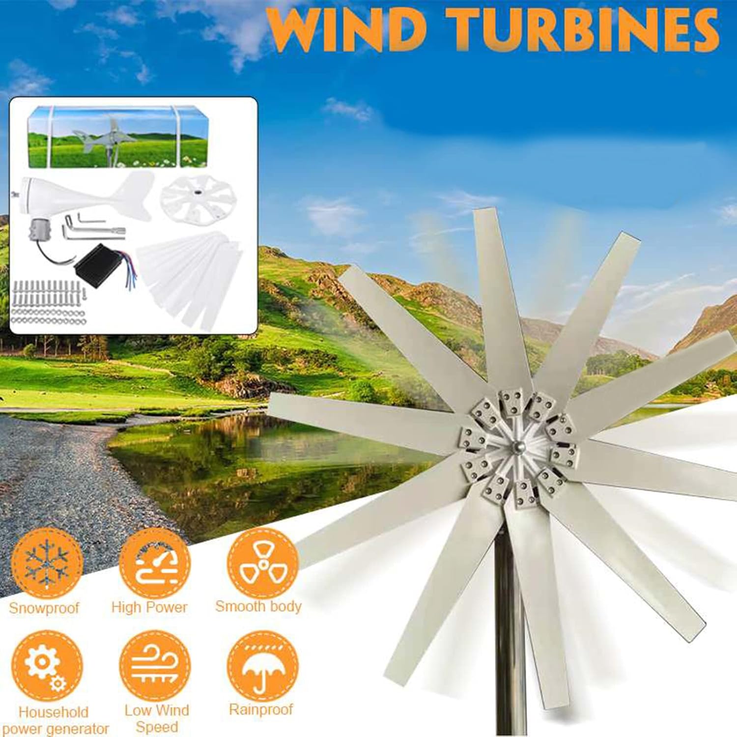 Wind Turbine Generator Kit 12V 24V 48V 8000W Wind Power Generator Kit with 10 Blades for Generator System Vertical Axis Wind Turbines Motor with MPPT Controller