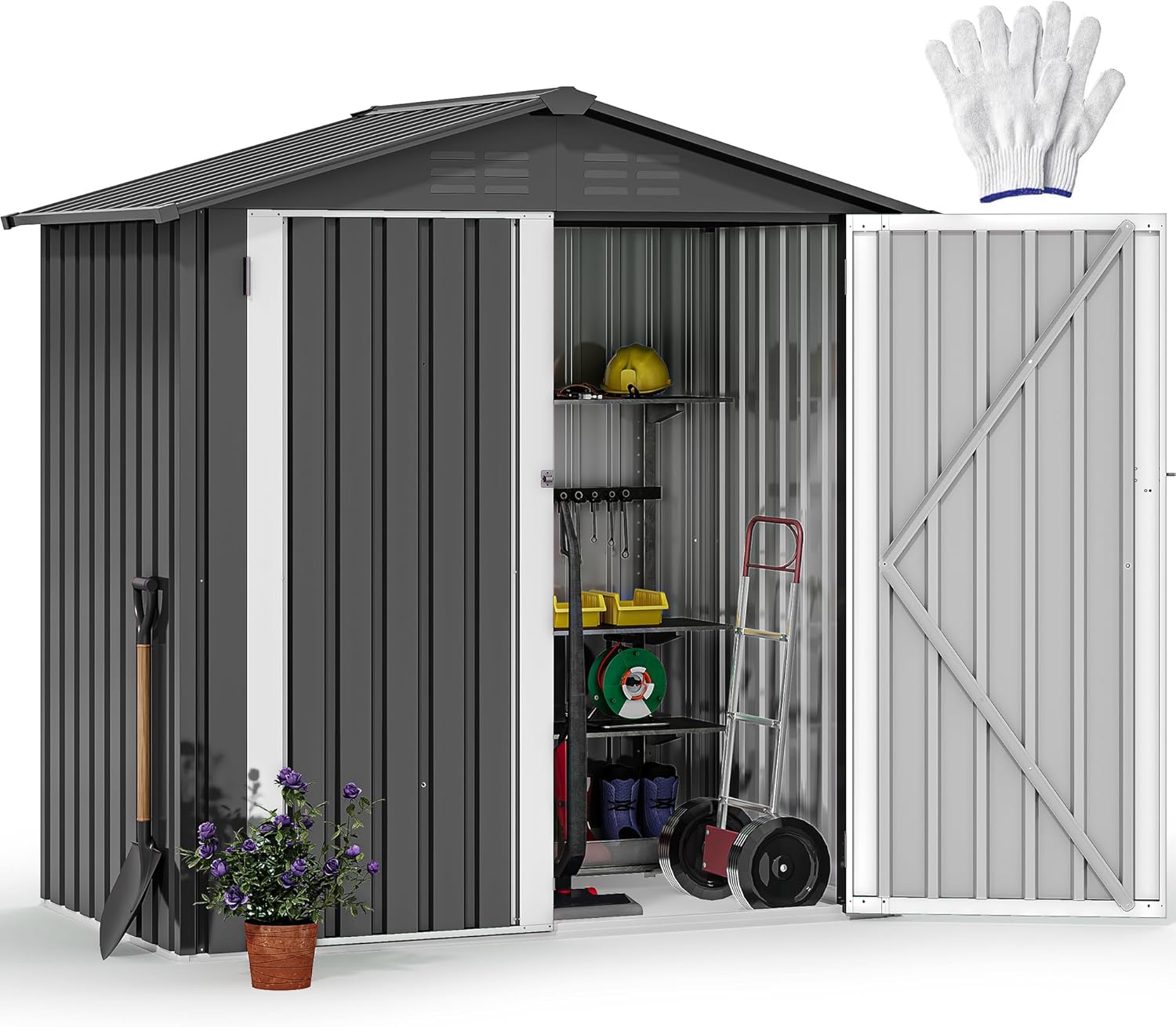 DWVO 6x4ft Metal Outdoor Tool Shed, Garden Storage Shed for Backyard, Lawn, and Patio, Heavy-Duty Storage Unit with Four Vents & Lockable Door for Storing Tools, Equipment & Trash Bins, Dark Gray