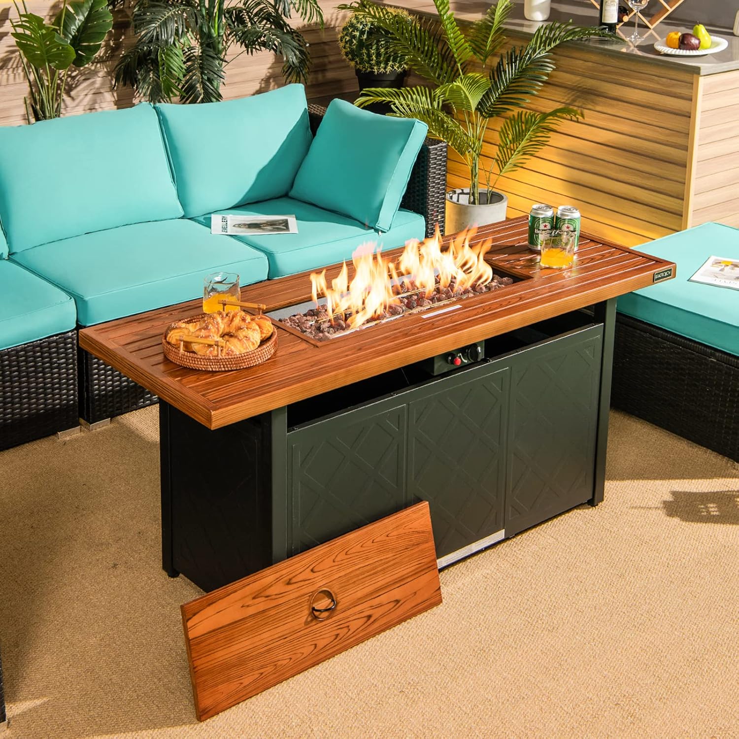 ORALNER Propane Fire Pit Table, 57” Rectangular Outdoor Fire Table 50,000 BTU Fire Pit w/Lid & Lava Rocks Auto Ignition Metal Patio Fireplace, Gas Firepit Table for Outside Yard Balcony Deck, Brown