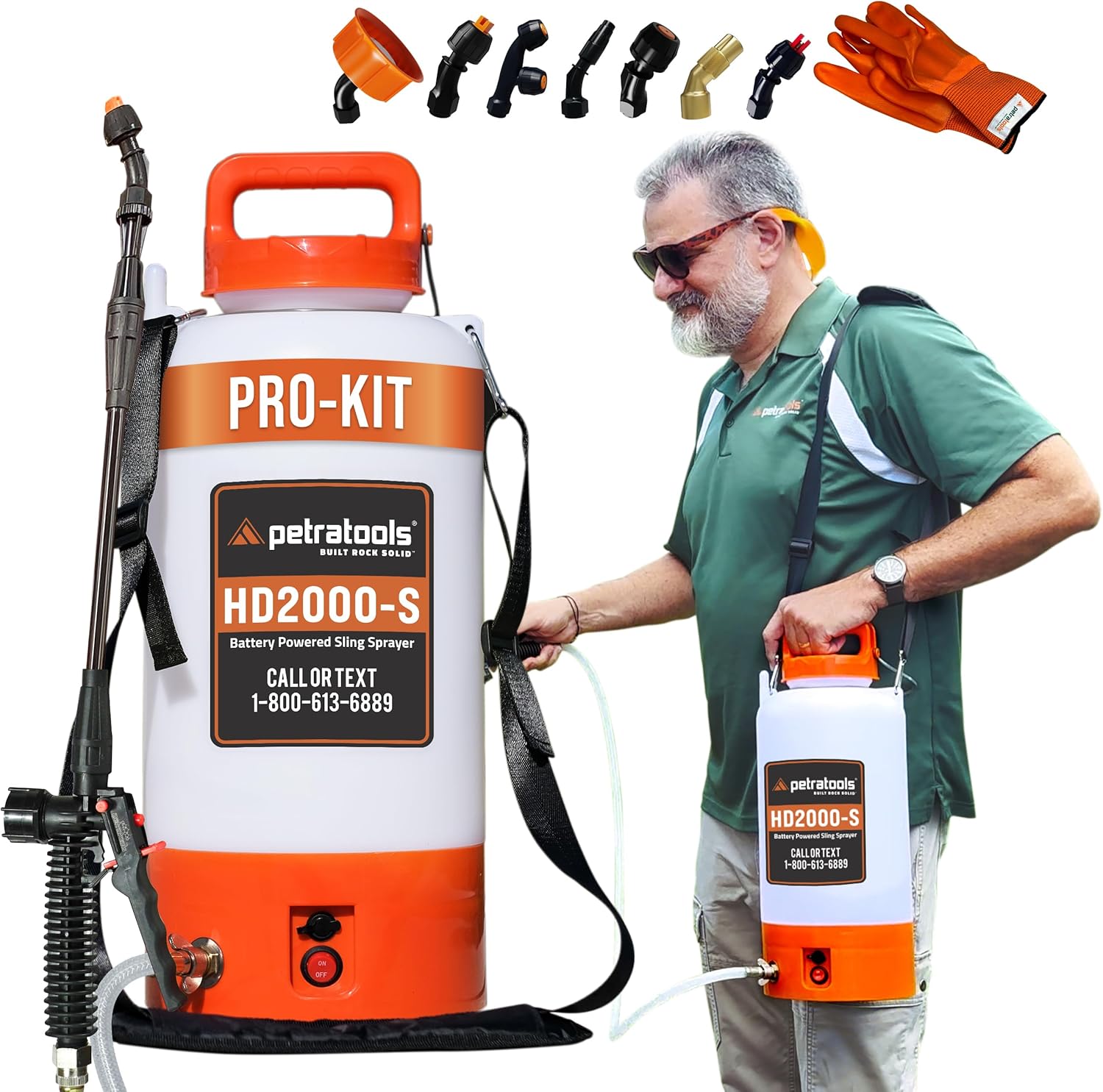 PetraTools Battery Powered Sprayer 2 Gallon - HD2000-S - Heavy Duty Electric Sprayers in Lawn and Garden for Weed/Pest Control, Watering & More - with 8 Nozzles & Strap (2 Gallon ProKit)