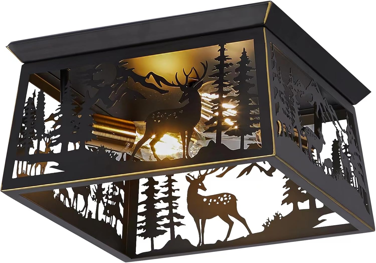 Farmhouse Rustic Deer Flush Mount Ceiling Light Fixture, Metal Wildlife Light Fixtures for Log Cabin Living Room, Kitchen, Bedroom, Balcony, and Outdoor Porch Lighting (Bulbs Not Included)