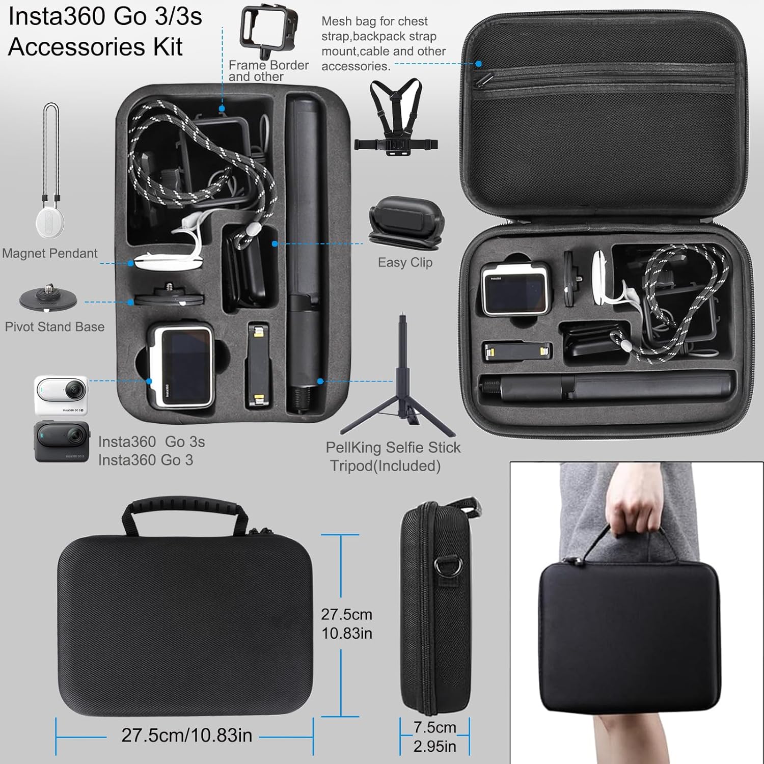PellKing Accessories Kit for insta360 3/3S,Include Carrying Case with Handle,Selfie Stick,Chest Strap,Head Strap,Backpack Strap,Wrist Strap,Magnetic Mount,Handlebar Clamp,Screen Protector,and Other