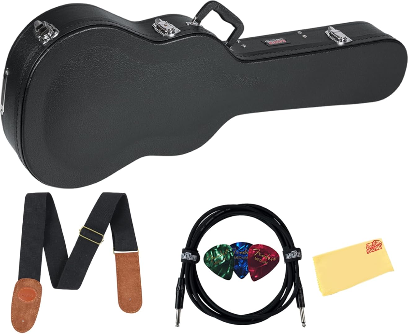Gator GWE-LPS-BLK Hard-Shell Wood Case for Single-Cutaway Electric Guitars such as Gibson Les Paul - Bundle with Picks, Cable, Strap, and Austin Bazaar Polishing Cloth