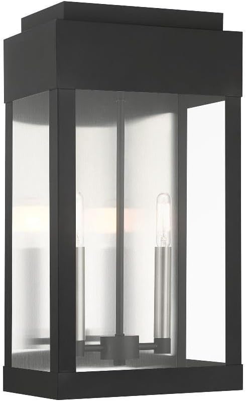 Livex Lighting 21238-04 York 2 Light Outdoor Wall Lantern, Black with Brushed Nickel Finish Candles with Brushed Nickel Stainless Steel Reflector