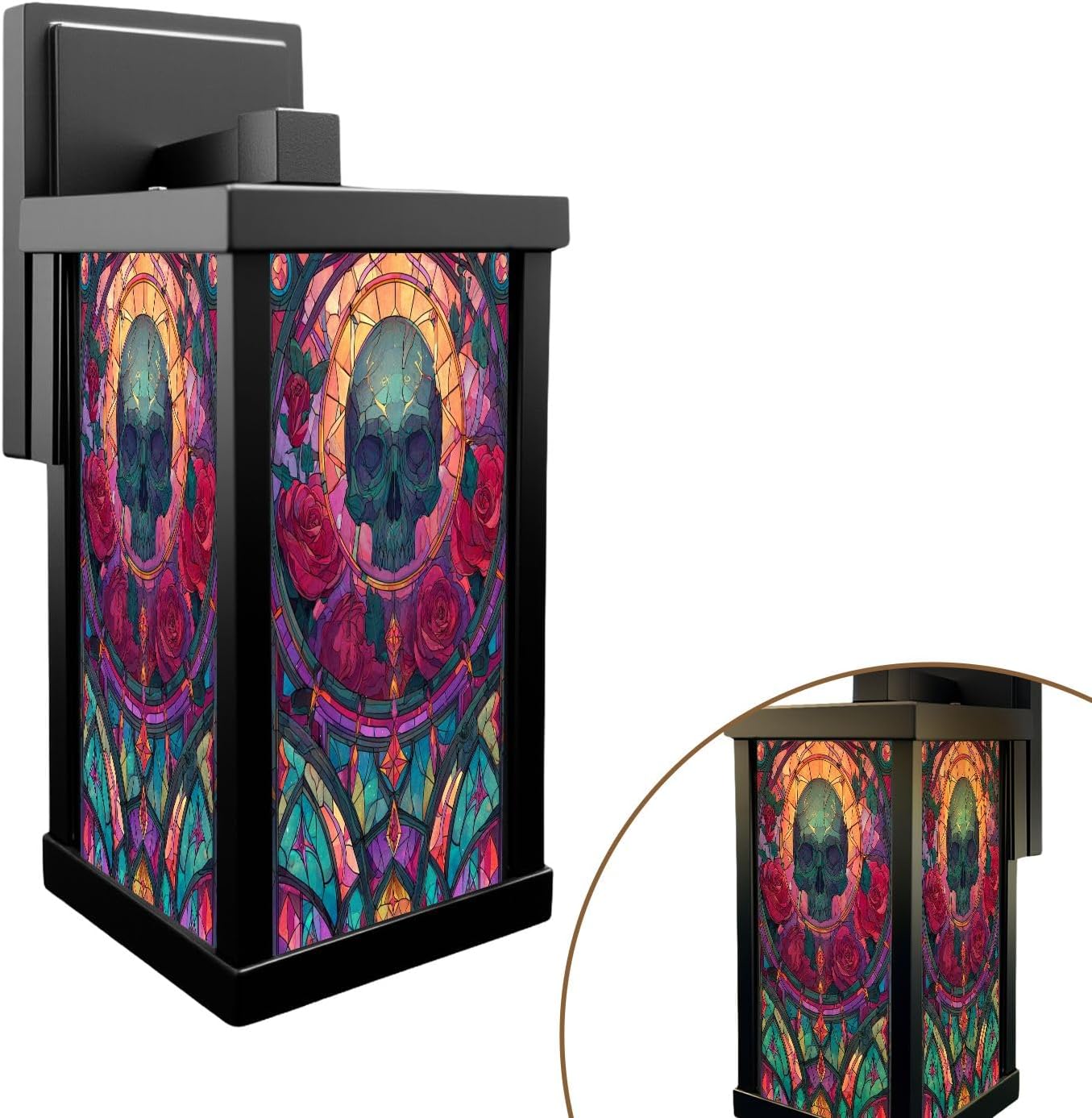 Outdoor Wall Lights Sacred Window Design Skull Roses Candlelit Glow Exterior Waterproof Wall Mount Sconce 13