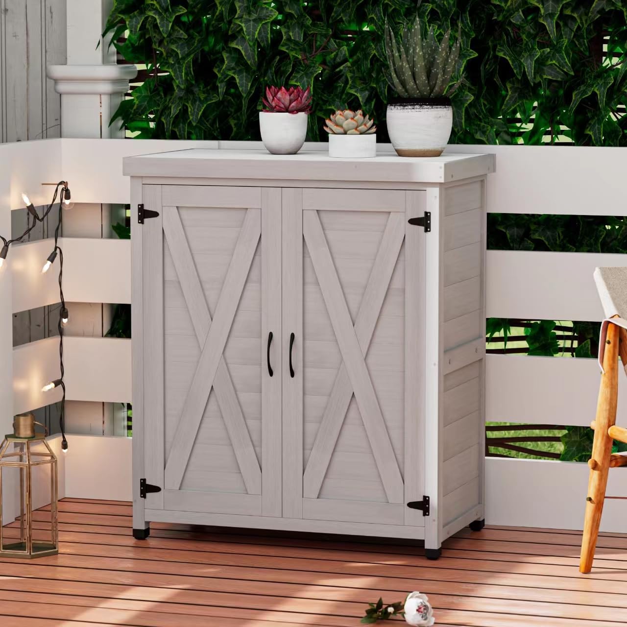 Outdoor Storage Cabinet & Potting Bench Table with Metal Top, Wooden Patio Furniture, Garden Workstation and Top for Patio,Outdoor Work Station, 36x31x17in，Grey