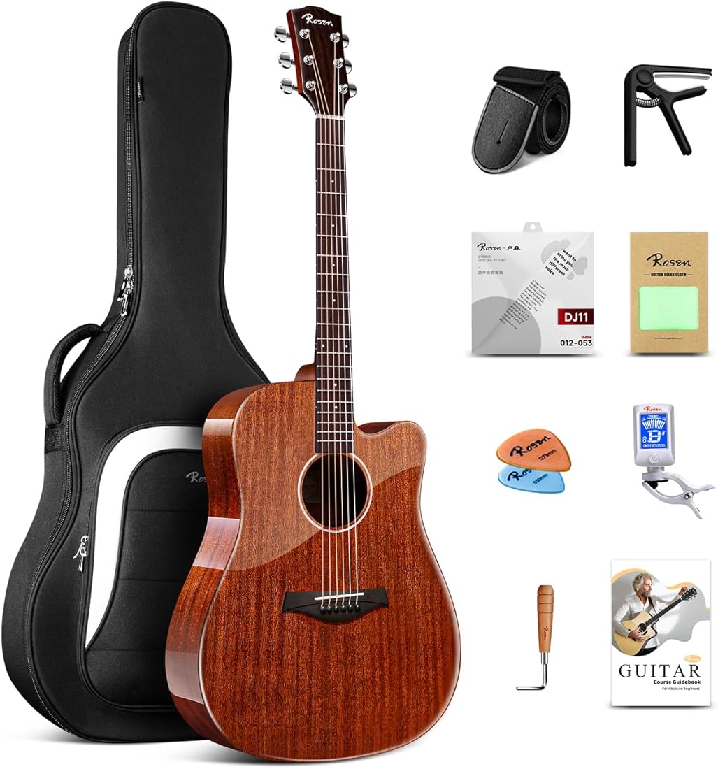 Rosen G31 Dreadnought Acoustic Guitar Soild Mahogany Top 41 Inch Guitarra Full Size Cutaway with Gloss Finish Bundle Starter Kit with Gig Bag, Strings, Strap, and Picks
